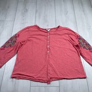 Sundance Coral Pink Long Sleeve Henley Tee with Embroidered Sleeves